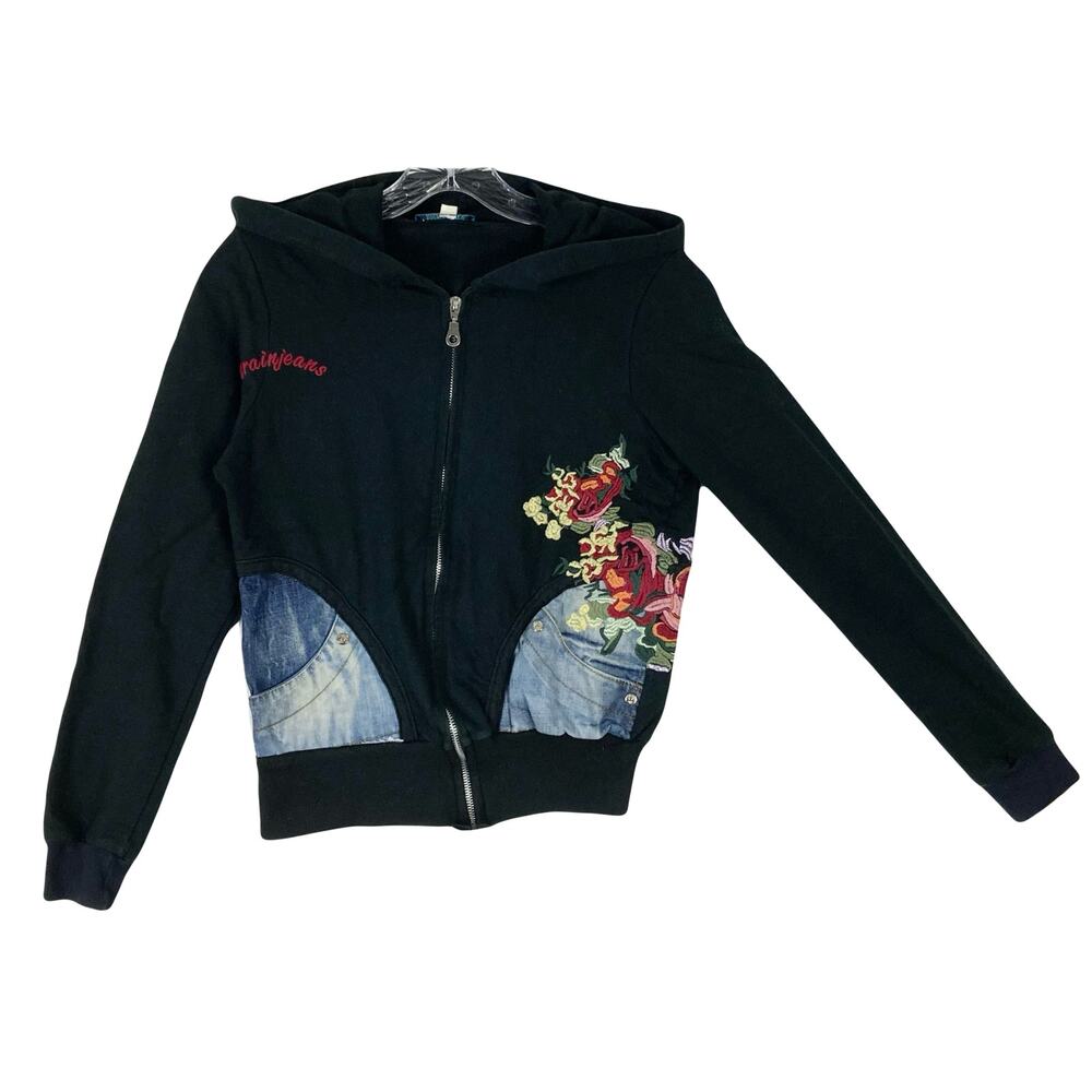 Vintage TRAKTOR OUTWEAR DESIGN Hoodie 1~S Black Floral Embroidery Blue-Denim Zip